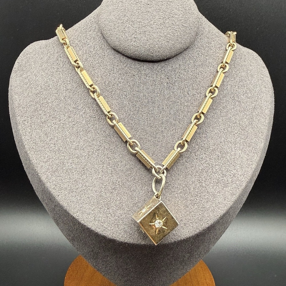 Vintage Gold Tone Rhinestone Starburst Cube Pendant Geometric Statement Necklace
